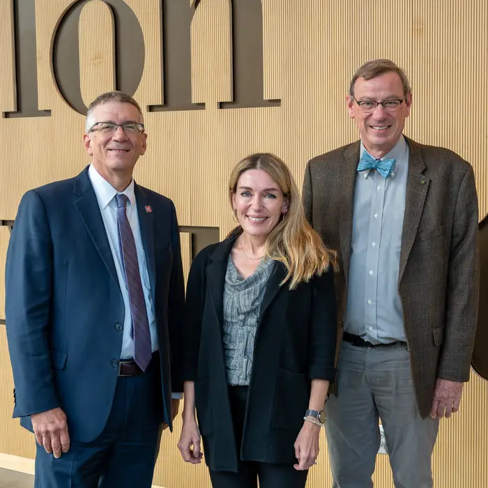 Provost Jim Garrett, Inaugural Jones Lecturer Abigail Marsh and Interim Dean of MCS Curtis A. Meyer. 