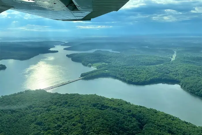 aerial view of river and green trees in Pennsylvania