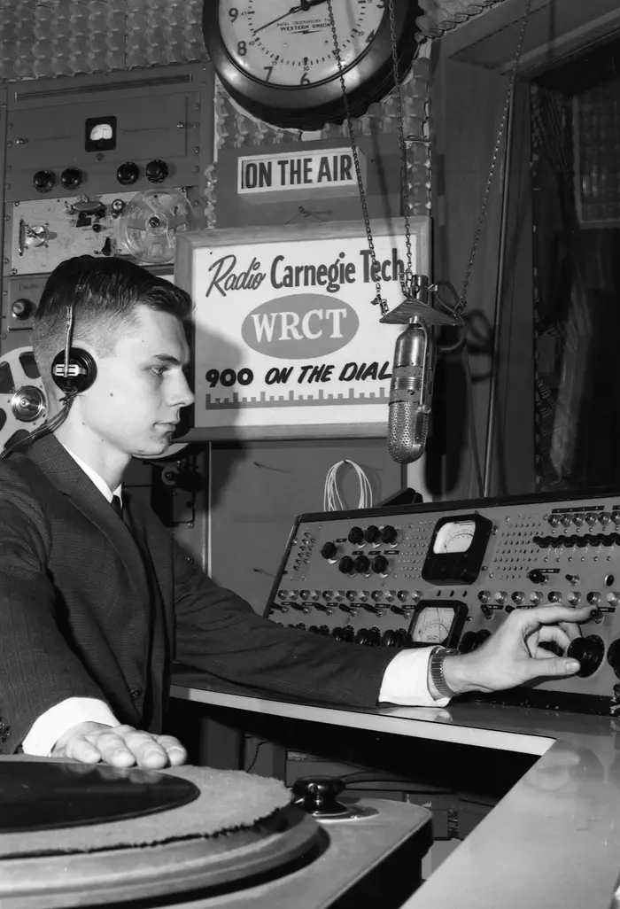 A historic photo of the WRCT studio. 