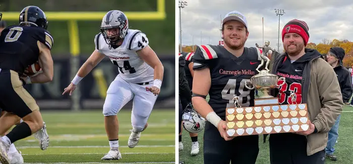 Left pic Kevin Cooke in uniform on field, right pic Kevin and brother Sean holding award