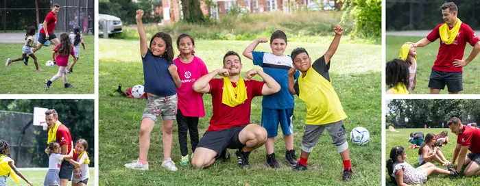 A collage of images of CMU student Eric Moreno leading a youth soccer camp. 