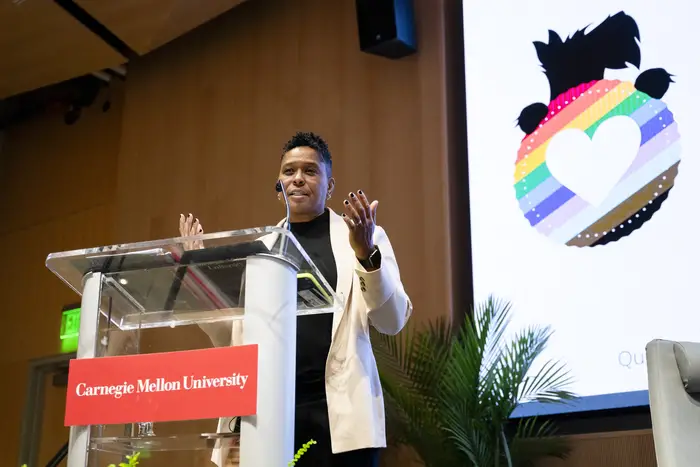 Rabbi Sandra Lawson speaks during the 2024 Pride Keynote Lecture at CMU.