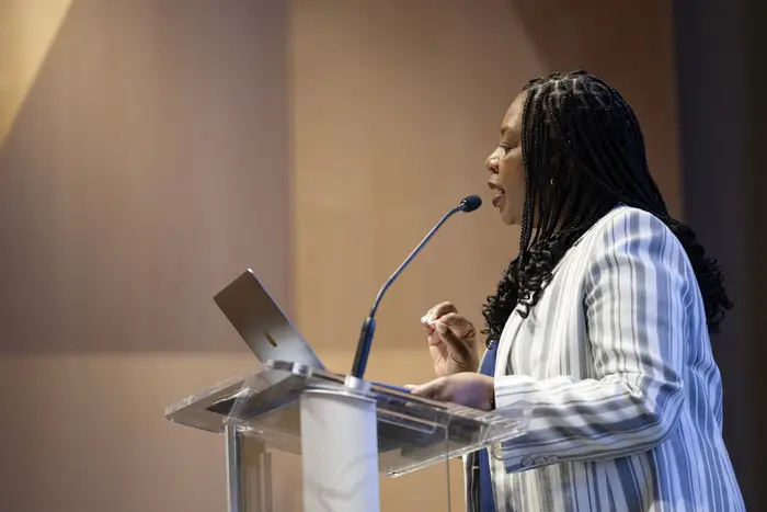 Wanda Grant, Vice Provost for Diversity, Equity, Inclusion and Belonging, gives opening remarks at the 2024 Pride Keynote Lecture.