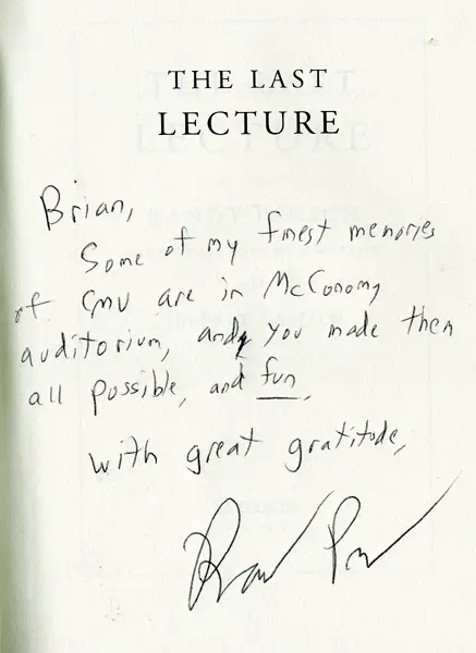 A page of "The Last Lecture" signed by Randy Pausch