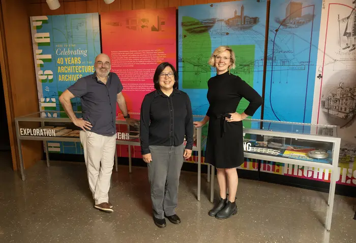 Anniversary Exhibits and Publishing Managing Editor Brad King, Arts and Humanities Librarian and exhibit curator Lynn Kawaratani, and Associate Director, Creative Heidi Wiren Kebe.