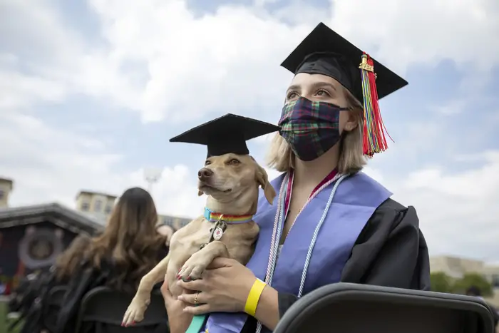 Student and dog wearing graduation caps