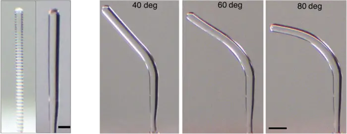 Some examples of structures created by 3D printing ice, including layered, smooth, straight, and overhanging geometries.