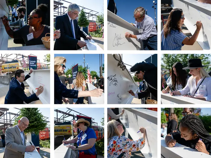 A collage of event attendees signing the final beam for the RIC.