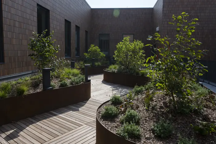 Wooden planks line a pathway in the bottom-middle of the photo that make an S-curve with raised garden beds on either side of a courtyard