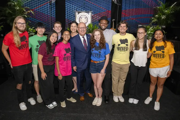 A group photo at President Farnam Jahanian's welcome to the Class of 2028+