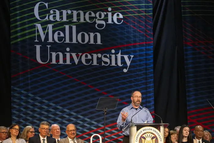 Professor Daniel Oppenheimer gives the keynote address at Convocation