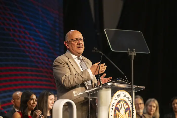 President Farnam Jahanian addresses first-year students at the Class of 2028+ convocation.