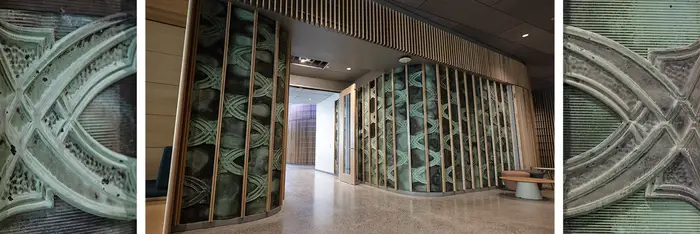 A triptych of Copper fascia from North Gym and Thistle Hall roofs in the new Highmark Center. 