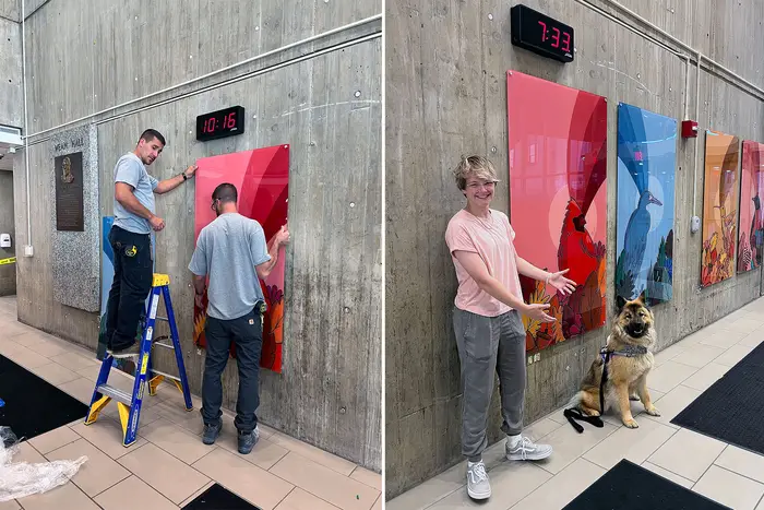 Left: The piece during installation. Right: The artist, Bella Alt, with her dog.