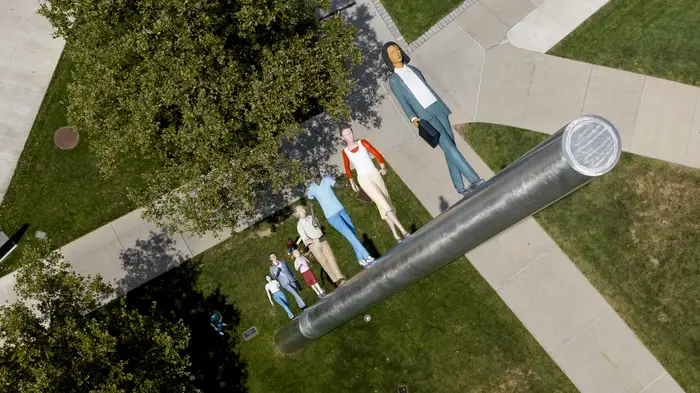 view of Walking to the Sky sculpture from drone above it