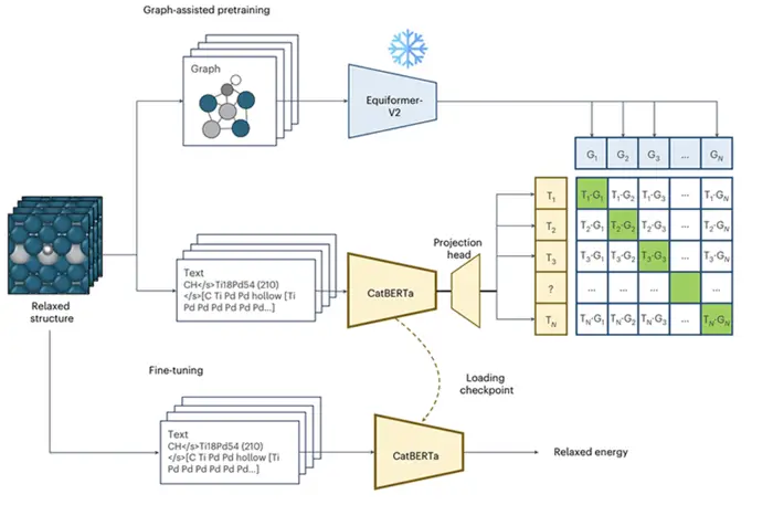 The training process consists of two steps: graph-assisted pretraining and energy prediction fine-tuning.