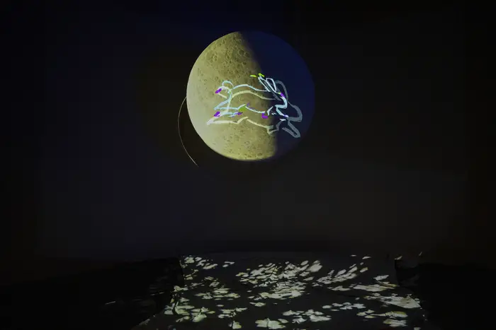 A projection of a rabbit jumping past the moon. 