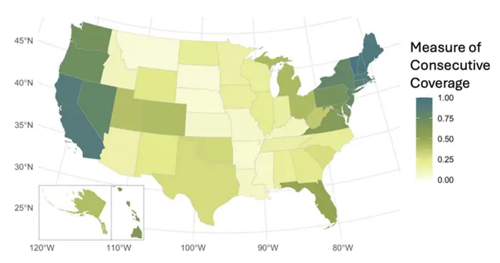 Current state-level charging coverage when considering stations with slower charging speeds and fewer chargers per station.