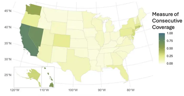 Current fast charging coverage at the state-level with NEVI-compliant chargers.