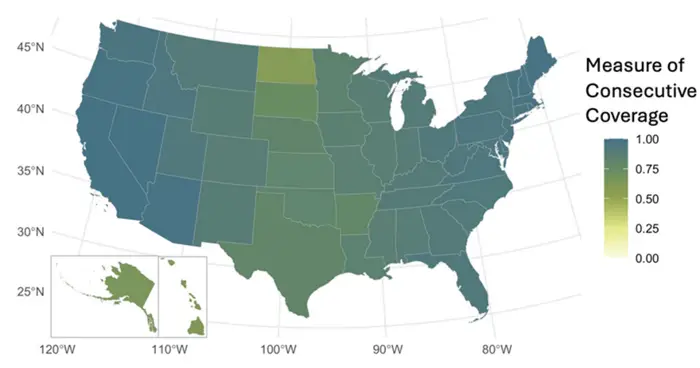 Projected fast charger coverage at the state-level when AFCs reach NEVI-compliance.