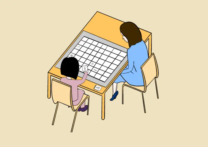 an illustration of a woman and a child sitting at a table with a grid board on it