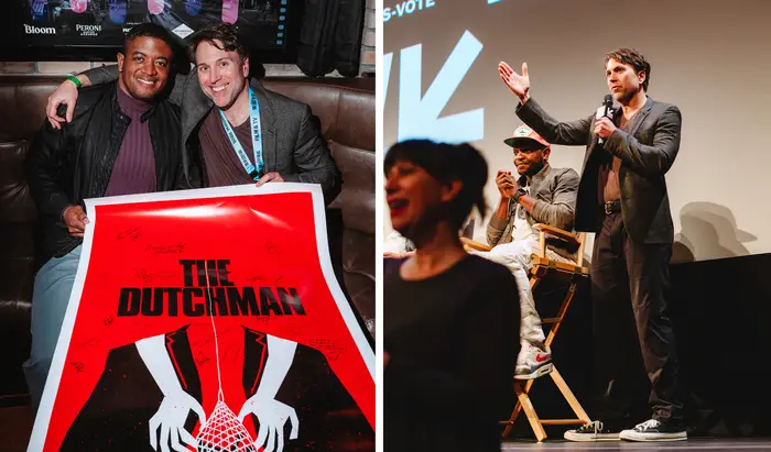 Jonathan Baker in two images, one with a movie poster for "The Dutchman," and one on stage at SXSW. 