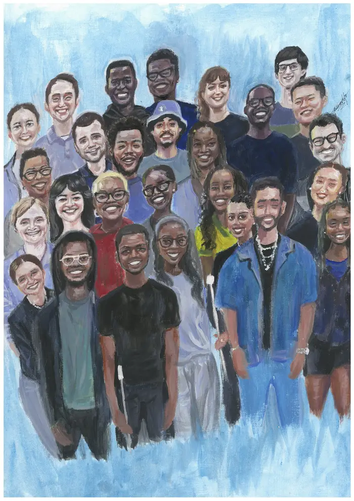 A painting of 27 figures representing the Rales fellows and staff on a light blue watercolor background.