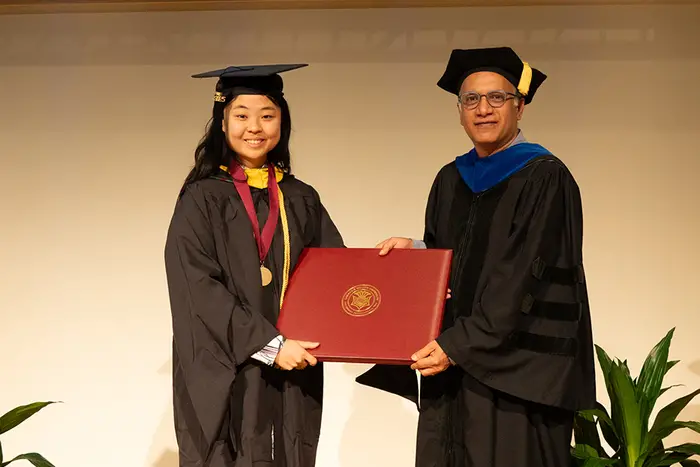 Graduating MCS Student Francesca Yu and Mathematical Sciences Department Head Prasad Tetali.