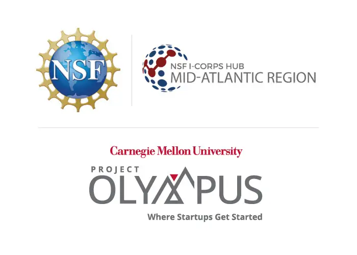 Logos for CMU's Project Olympus and the NSF Innovation Corps Hub Mid-Atlantic Region.