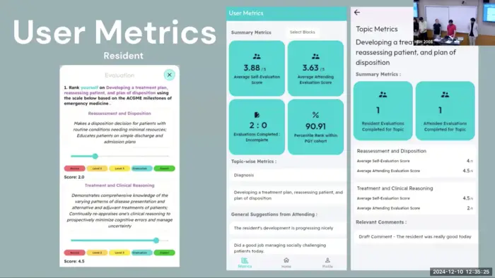 Screenshot of the EMMA app showing a self-evaluation question and subsequent metrics.