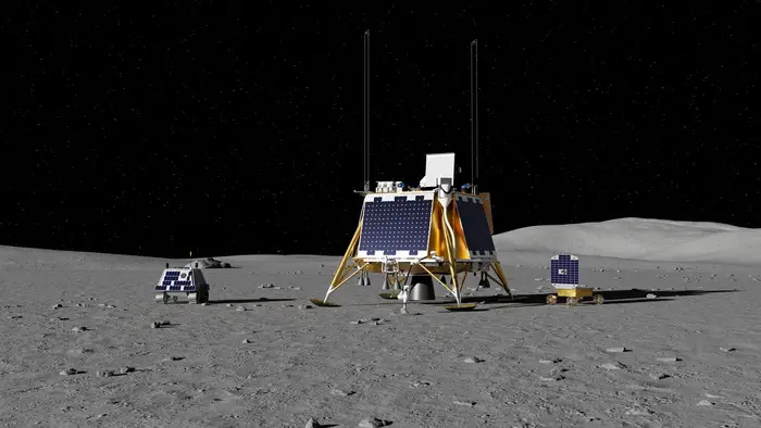 A rendering of Blue Ghost and rovers on the lunar surface. Image credit: Firefly Aerospace