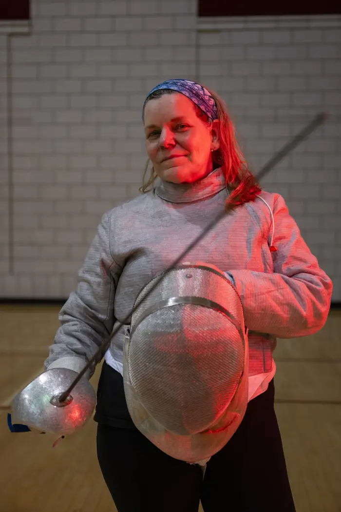 Barbara Shinn-Cunningham in fencing attire.