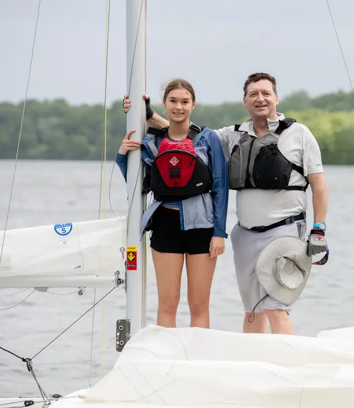 Tuomas Sandholm and his daughter Annika on a sailboat. 