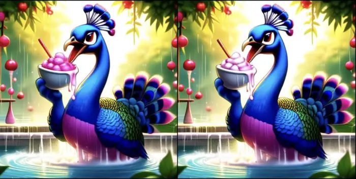 Two side-by-side versions of a peacock eating ice cream, generated by an AI model. 