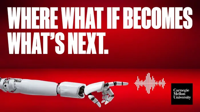 A robotic hand underneath the phrase: Where what if becomes what's next.