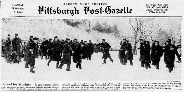 A Pittsburgh Post-Gazette cover with ASTP soldiers engaged in a snowball fight.