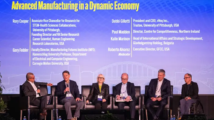 Gary Fedder, second from left, faculty director of the Manufacturing Futures Institute and professor of computer and electrical engineering, participates in a panel discussion.