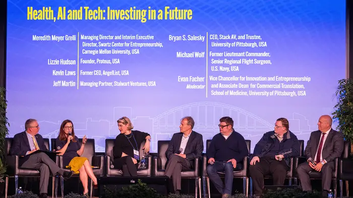 Meredith Meyer Grelli, managing director and interim executive director of the Swartz Center for Entrepreneurship, participates in a panel discussion.