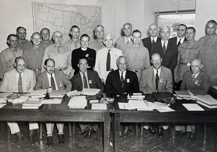A group photo in black and white from the 1940s.