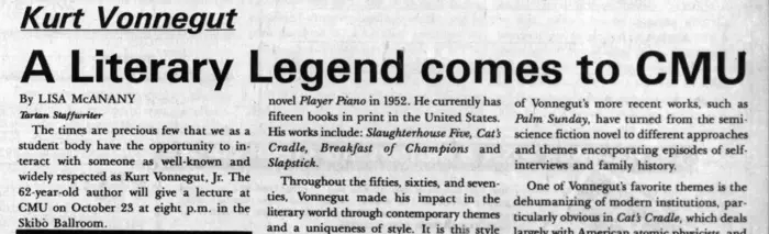 A clipping of a Tartan article titles "A Literary Legend Comes to CMU."