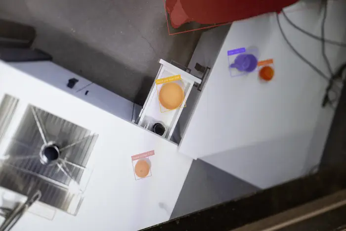 An overhead view of a counter seen on a computer screen. 