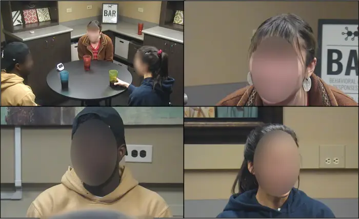 4 Images of people inside of a room sitting at a table with their faces blurred. 