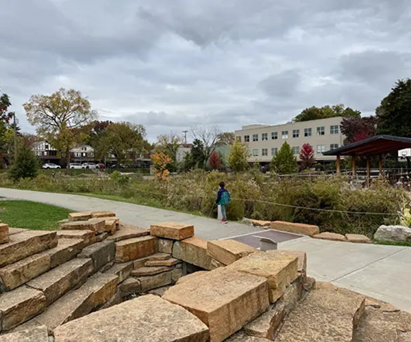 Green infrastructure: a stormwater cascade and a rain garden in Wightman Park in Squirrel Hill.