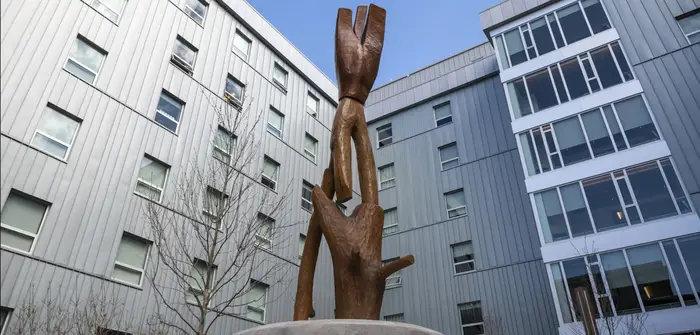 A tall, thin X-shaped sculpture made of wood standing in the L-shaped courtyard in the front of the building.