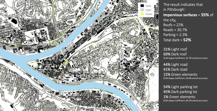 A map of Pittsburgh showing building and road surface color 