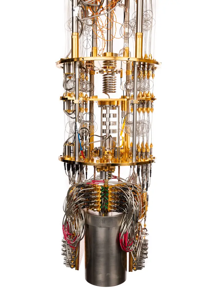 A Novera™ QPU and associated cables and hardware installed in a dilution refrigerator. Copyright Rigetti Computing.