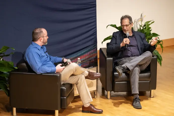 Richard Scheines leads a discussion for Democracy Day with Danny Oppenheimer.