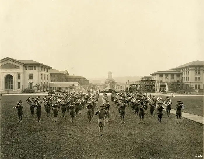 Student Musicians on the cut in a historic photo. 