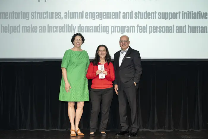 Diffy Paljevic with Vice President for Student Affairs and Dean of Students Gina Casalegno (left) and CMU President Farnam Jahanian (right).