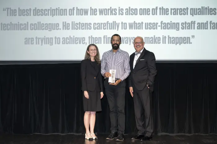 Jonathan Kiritharan with Theresa Mayer and Farnam Jahanian.